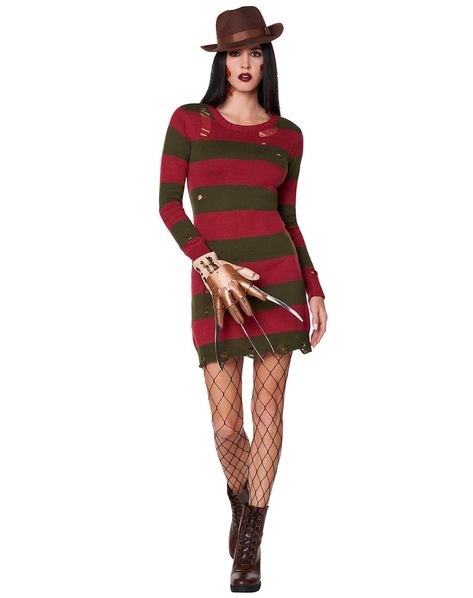 Nightmares come true in this Freddy Krueger sweater dress! This long-sleeved dress features Freddy's signature red and brown stripes and thoughtfully placed tatters and tears add bone-chilling character to this sweater dress. Pair it with your favorite Freddy Krueger accessories (sold separately) to complete your transformation into a horror icon. Officially licensed Includes: Sweater dress Crew neck Long sleeves Material: Cotton, acrylic Care: Hand wash Imported Note: Hat, shoes, glove, and sto Scariest Womens Halloween Costumes, Horror Costume Female Saw, Saw Costumes For Women, Plus Size Hot Halloween Costumes, Freddy Krueger Sweater, Freddy Krueger Costume, Black Halloween Dress, Horror Costume, A Nightmare On Elm Street