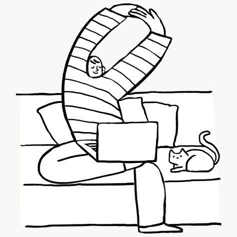 Man Working Illustration, Work From Home Drawing, Work From Home Illustration, Doodle Man, Sitting Illustration, Line Character, Home Vector, Illustration Man, Cat Work