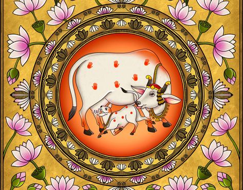 Marriage Pics, Cow Sketch, Pooja Door, Pichwai Art, Durga Pooja, Traditional Folk Art, Pichwai Painting, Madhubani Paintings, Flower Pattern Drawing