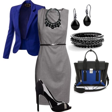 "Classic grey sheath dress, silver and black shoes and jewlery with a royal blue blazer and purse" by dqweenb on Polyvore Royal Blue And Gray Outfit, Sheath Dress With Blazer, Grey Dress Outfit, Royal Blue Blazer, Grey Sheath Dress, Blue Outfits, Dress Blazer, Classic Grey, Blazer Outfit