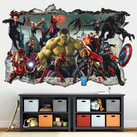 Superhero Wall Stickers, Wallpaper Spiderman, Superhero Wall Decals, Boys Room Wallpaper, 3d Wall Decals, Mountain Mural, Superhero Wall, Kids Room Murals, Marvel Wall