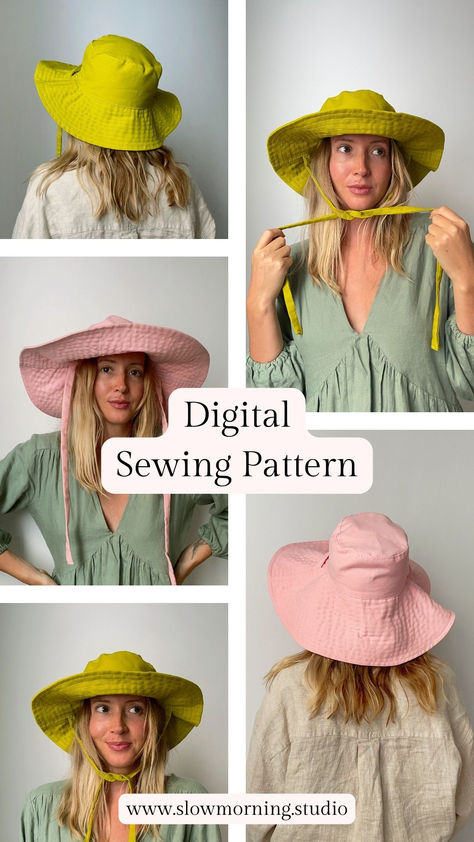 Wide brim hat Sewing Pattern is beginner friendly. Comes with a sewing tutorial with step by step instruction illustrations, making it super easy to make your own bucket hat. Perfect summer hat!  Two hat side options: Wide brim hat & shorter brim hat.  Practical and essential for the spring and summer sun. This flattering style, can be made up leftover fabric, will help protect you from the summer sun. It is fully lined and can be reversed for versatility. Easy Boho Sewing Projects, Sunhat Sewing Pattern, Summer Hat Patterns To Sew, Interesting Sewing Projects, Fabric Hats To Sew, Sewing Projects For Home Decor, Sewing Project Gift Ideas, Diy Sun Hat, Cute Crochet Hat Ideas