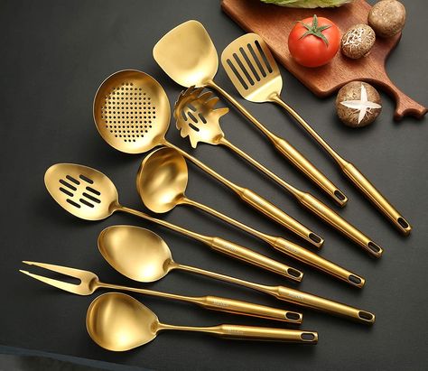 Gold Kitchen Utensils Set, Standcn 9 PCS 304 Stainless Steel All Metal Cooking Tools with Meat Fork, Solid Spoon, Slotted Spoon, Spatula, Ladle, Skimmer, Slotted Spatula, Spaghetti Server, Large Spoon Gold Kitchen Utensils, Metal Cooking Utensils, Gold Utensils, Pasta Spoon, Kitchen Utensils Set, Countertop Microwave Oven, Stainless Steel Kitchen Utensils, Kitchenware Set, Slotted Spoon