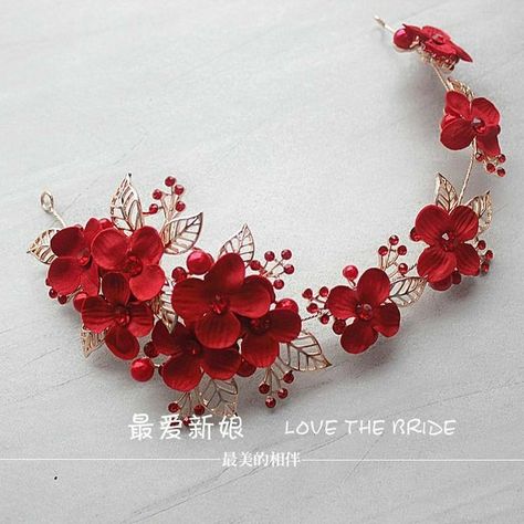 Red Headdress, Indian Head Jewelry, Red Hair Accessories, Flower Hairpin, Bead Hair Accessories, Lip Color Makeup, Bridal Hair Jewelry, Hair Flower, Bride Hair Accessories