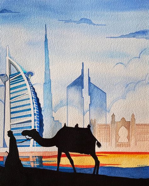 shop — Colourful Strokes Arabic Watercolor Art, Dubai Watercolor, Uae Painting, Uae Drawing, برج العرب, Natural Form Art, Uae National Day, Jungle Love, Food Illustration Art