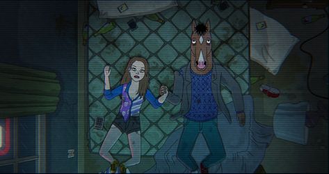 Bojack Horseman and Sarah Lynn hold hands and lie on a dingy motel bed in the middle of their drug trip. The bed and the floor are covered with empty bottles of alcohol and empty drug baggies. Bojack and Sarah Lynn look ragged with stains on their clothes and bags under their eyes. Sarah Lynn, Bojack Horseman, Animation Series, A Horse, Street Fighter, Movies Showing, Art Inspo, Aurora Sleeping Beauty, Horses