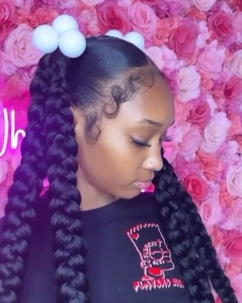 4 Braids Into 2 Ponytails, 2 Ponytails With 2 Braids, 2 Ponytails 4 Braids, Simple Hairstyles Weave Braids, 2 Braids 1 Ponytail, Two Braids To The Back With Weave, 4 Ponytail Hairstyles, To Braided Ponytails, 2 Jumbo Braids With Weave