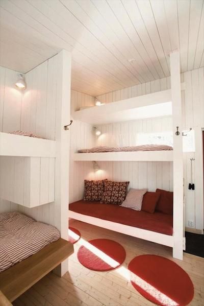 Ideal for accommodating hoards of summer visitors: bunk rooms for the younger set. Above: A bunk room in Sweden, via My Scandinavian Retreat. Above: A bunk Bunk Bed Designs For Teens, Kids Bedroom Remodel, Small Bedroom Remodel, Bunk Beds Built In, Built In Bunks, Bunk Rooms, Space Bedding, Kids Bunk Beds, Bunk Room