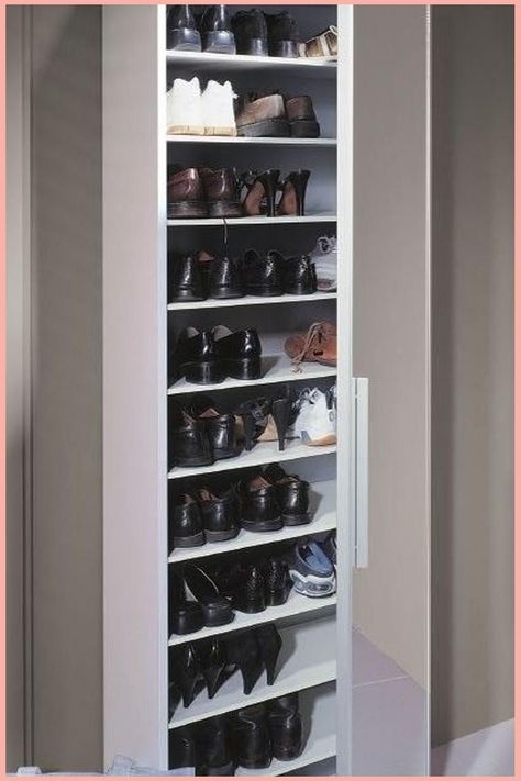 Tall closet with multiple shelves filled with various shoes. Shoe Rack Vintage, Shoe Rack Cabinet Design, Boot Shoe Rack, Shoe Rack For Small Spaces, Small Shoe Rack, Shoe Rack Cabinet, Modern Shoe Rack, Bedroom Ideas For Couples Modern, Shoe Rack Bench