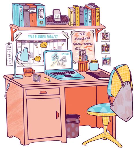 Desk Illustration, Study Desk Ideas, Drawing Desk, Newcastle University, I Love School, School Illustration, Student Desk, Study Decor, School Desk