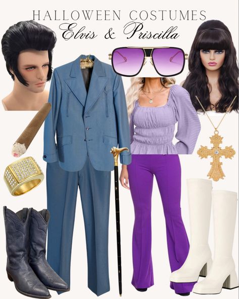 Priscilla Presley Purple Outfit, Elvis Presley Outfit Ideas, Elvis Couple Costume, Priscilla And Elvis Costume, 60s Couple Costume, Elvis Presley And Priscilla Costume, Priscilla Presley Costume Halloween, Priscilla Presley Fashion, Elvis And Priscilla Costume