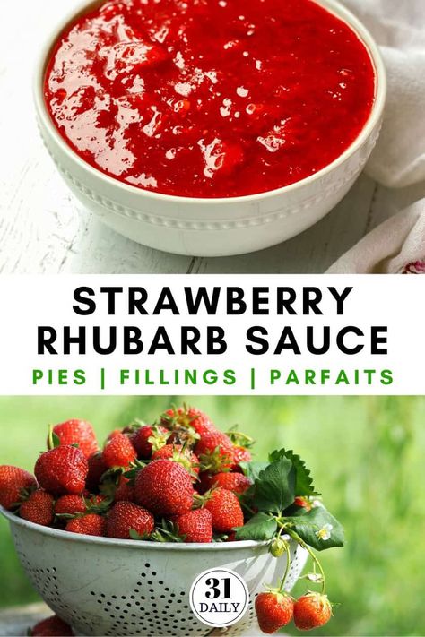 Strawberry Rhubarb Sauce and pie filling is a perfect summertime treat to have at the ready in your refrigerator. Sweet and tangy and deliciously perfect. #strawberryrhubarb #pie #strawberries #rhubarb #desserts #summer #31Daily #June Strawberry Rhubarb Pie Filling, Strawberry Rhubarb Recipes, Strawberry Rhubarb Sauce, Fruit Sauces, Rhubarb Sauce, Desserts Summer, Yogurt Toppings, Rhubarb Desserts, Easy Sweets