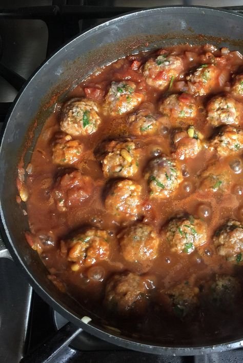 Lamb meatballs simmering on the stove Lamb Meatball Soup, Meatballs With Gravy, Easy Tomato Sauce, Aleppo Pepper, Lamb Meatballs, Pecorino Romano Cheese, Meatball Soup, Ground Lamb, Toasted Pine Nuts