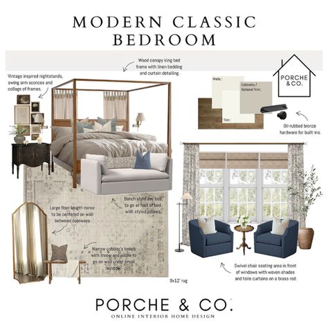 If you are considering a home bedroom refresh, our blog includes Room Arrangement Ideas for the Bedroom. Get inspired by our mood board designs and shop our favorite bedroom decor. In our blog post, we are sharing the latest trends and bedroom decor inspiration mood board designs. Learn how to integrate classic bedroom styles into your cozy bedroom decor. Visit the Porche & Co. blog to learn more about bedroom designs and other room decor updates with modern classic home decor styles. Primary Bedroom Mood Board, Modern Classic Bedroom Design, Small Bedroom Style, Style Mood Board, Modern Classic Bedroom, Room Arrangement Ideas, Classic Bedroom Design, Modern Classic Home, Room Arrangement