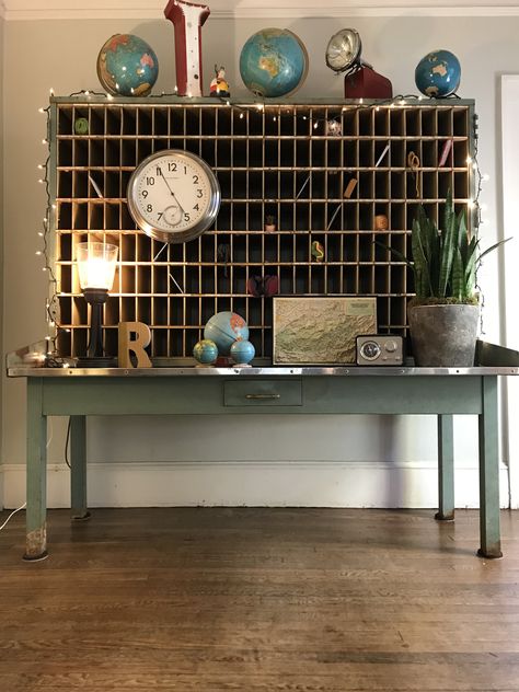 Vintage mail sorter desk Mail Sorter Repurpose, Vintage Mail Sorter, Antique Mail Sorter, Vintage Cubbies, Vintage Cubby, Mail Sorters, Vintage Mail, Antique Booth Ideas, Mail Sorter