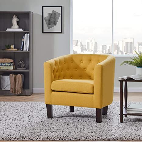 BELLEZE Elegant Berlinda Upholstered Tufted Barrel Chair Roll Armrest Accent Club Chair Living Room, Wooden Legs, Linen, Yellow Yellow Accent Chairs, Black Accent Chair, Tufted Accent Chair, Classic Armchair, Comfortable Place, Classic Bedroom, Leisure Chair, Bedroom Chair, Club Chair