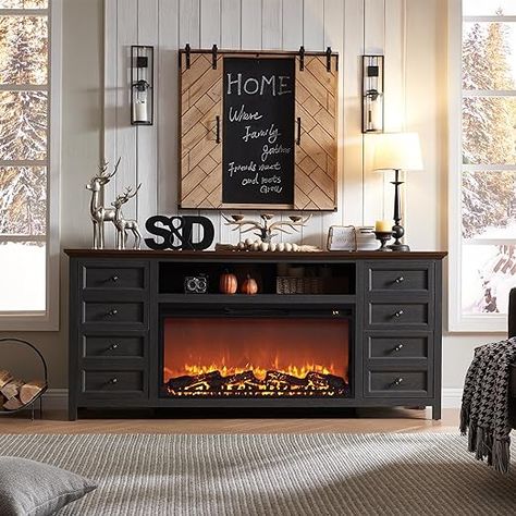 Fireplace TV Stand Dimensions: 31" H x 70" L x 15.1" W, Fits TVs up to 80 inches (TV Stand with Fireplace for 75+ 75 70 65 Inch TVs etc.) Drawers Dimensions: 7.25" H x 12.21" L x 11.81" D Fireplace Tv Stand Decor Ideas, Fireplace Tv Stand Decor, Farmhouse Fireplace Tv, Tv Stand Decor Ideas, Fireplace Bookshelves, Fireplace Entertainment Center, Tv Stand Decor, Black Fireplace, Fireplace Entertainment