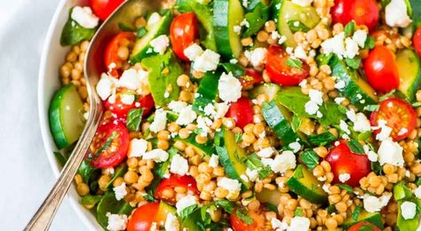 Sweet Potato Quinoa Salad, Mediterranean Couscous Salad, Pearl Couscous Salad, Couscous Salad Recipes, Mediterranean Couscous, Feta Salad Recipe, Pearl Couscous, Creamy Feta, Feta Cheese Salad