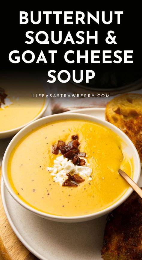 Butternut Squash Soup Goat Cheese, Butternut Squash Soup With Goat Cheese, Goat Cheese Soup Recipes, Butternut Squash Soup Toppings, Squash And Goat Cheese Recipes, Goat Cheese Butternut Squash, Best Roasted Butternut Squash Soup, Acorn Squash Goat Cheese, Butternut Squash Soup With Cream Cheese