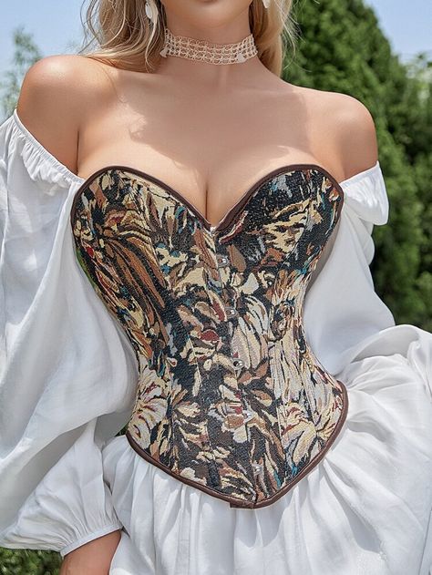 Free Returns ✓ Free Shipping On Orders $49+ ✓. Vintage Floral Pattern Lace-Up Grommet Boned Overbust Corset- Women Shapewear Tops at SHEIN. Overbust Corset Outfit, Corset Costumes, Corset Outfit, Old Fashion Dresses, Overbust Corset, Vintage Floral Pattern, Corsets And Bustiers, Illustration Fashion Design, Floral Denim