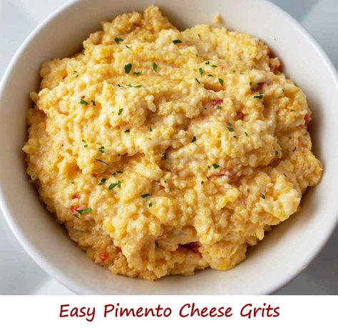 Pimento cheese is one of those things that does not last in our house. Make batch, do a quick errand, come back.. gone! Where does it go? Well, one place is in this delicious easy grits dish. Creamy, yummy grits with kicked up pimento cheese. You can’t beat it. Sure, pimento cheese is great on crackers or sandwiches, but in grits… oh me! Easy Grits, Easy Pimento Cheese, Pimento Cheese Grits, Cheese Grits, Pimento Cheese, Beat It, Grits, Our House, Crackers