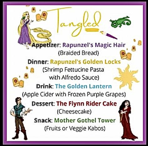 Descendants Dinner Ideas, Inside Out 2 Dinner And A Movie, Tangled Dinner Ideas, Disney Movie Night Dinner Tangled, Fork N Film Ideas, Tangled Theme Food, Disney Dinner And A Movie Ideas, Despicable Me Dinner And A Movie, Tangled Dinner And A Movie