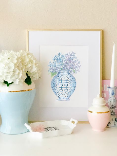 There’s such a thrill searching for a new ginger jar to add to your collection, isn’t there? They’re gorgeous displayed on their own, or filled with seasonal florals. That’s what inspired this new collection of ginger jar art prints!  This Ginger Jar with Hydrangeas art print is one of twelve gorgeous prints you can collect (just like you collect the real jars!) and add to your home, or gift to a ginger jar-loving friend. Jar Watercolor, Ginger Jar Art, Grand Millenial, Bamboo Frames, Peonies Art Print, Hydrangeas Art, Peony Art, Grand Millennial, College Dorm Room Decor