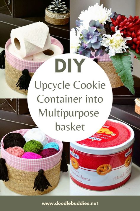 DIY Upcycle Cookie container into farmhouse multipurpose basket Diy Cupcake Stand, Upcycle Diy, Upcycle Crafts Diy, Diy Cupcake, Cookie Container, Cookie Tin, Pottery Barn Inspired, Tin Can Crafts, Cookie Tins