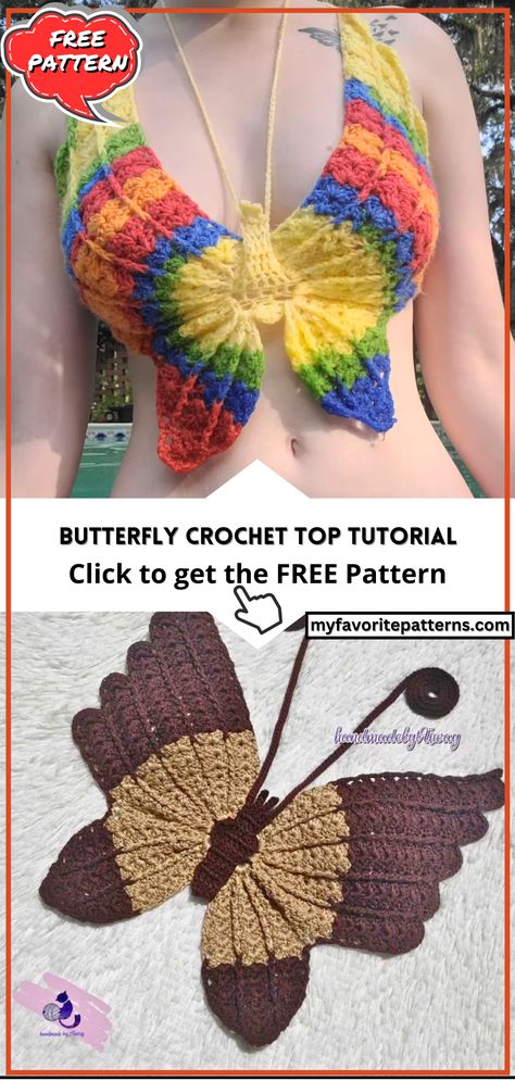 Butterfly Crochet Top Tutorial Diy Butterfly Top, Butterfly Lace Top, Crochet Butterfly Free Pattern, Fancy Crochet, Butterfly Crochet, Butterfly Tutorial, Blouses Designs, Butterfly Lace, Stunning Fashion