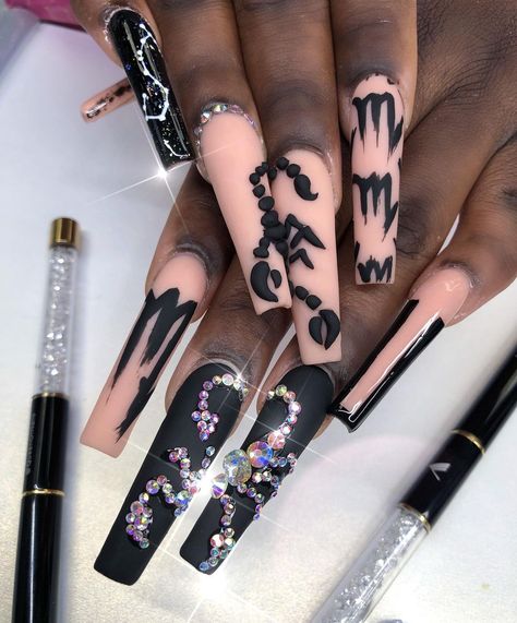 Extra Birthday Nails Scorpio, Birthday Nails Scorpio Long, Birthday Scorpio Nails, Scorpio Themed Nails, Scorpio Birthday Nails Designs, Scorpio Inspired Nails, Cute Birthday Nails Acrylic, Baddie Birthday Nails Scorpio, Scorpio Season Aesthetic