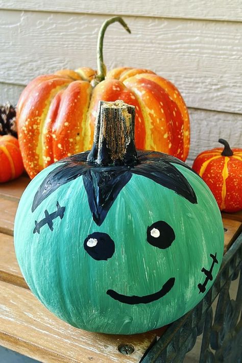 Don't Want The Mess Of Carving A Pumpkin? Try Pumpkin Painting Painted Pumkin Decoration Ideas, Painting Pumkin Ideas Diy Easy, Frankinstine Pumpkin Painting Ideas, Pumpkin Paintings Easy, Baby Painted Pumpkin, Easy Creative Pumpkin Painting Ideas, Margarita Pumpkin Painting, Pumpkin Painting Inspo Easy, 3d Pumpkin Painting