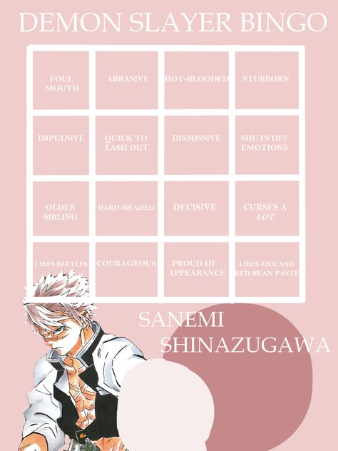 Demon Slayer Bingo, Character Bingo, Demon Slayer Character, Kinnie Bingo, About Me Template, Bingo Cards, Instagram Template, Anime Demon, Bingo