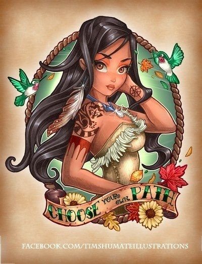 Princess Disney Tattoo Pocahontas -- I'm getting this!! Disney Tattoos Pocahontas, Tim Shumate Illustrations, Tim Shumate, Moda Pin Up, Disney Pin Up, Pocahontas Disney, Pocahontas Tattoo, Disney Princess Tattoo, Image Princesse Disney