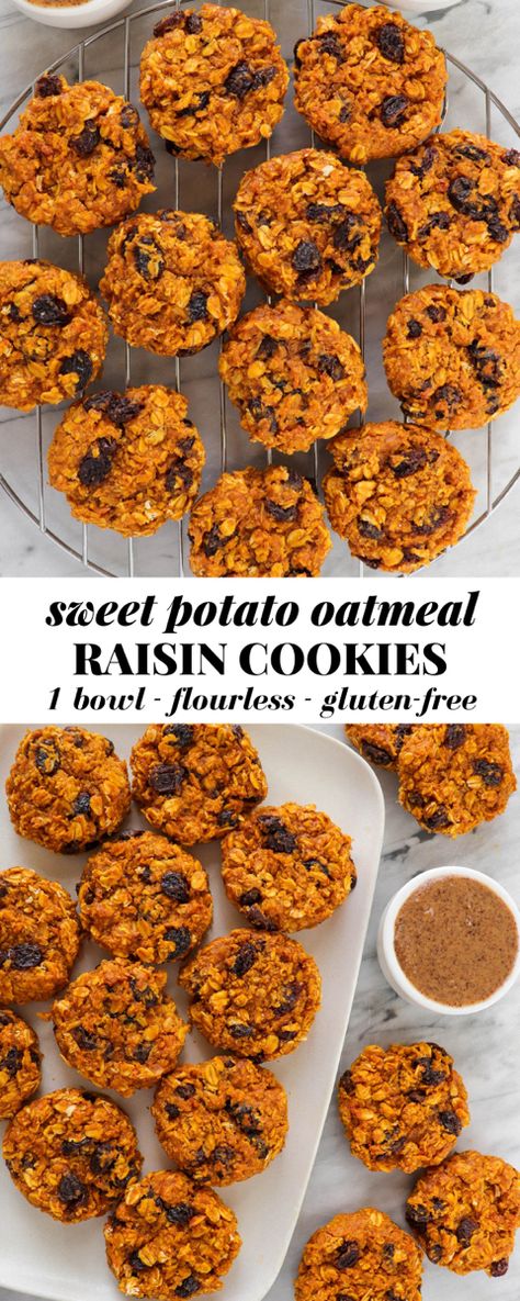 These thick + chewy healthy sweet potato oatmeal raisin cookies areso easy! They’re completely flourless and made with nutritious oats, sweet potato and almond butter. Such a great post-workout snack, breakfast, or dessert. #oatmealcookierecipes #cookierecipes #healthysnack #holidaydesserts Canned Sweet Potato Recipes, Sweet Potato Oatmeal, Oatmeal Raisin Cookies Healthy, Sweet Potato Cookies, Sweet Potato Dessert, Sweet Potato Recipes Healthy, Cookies Chewy, Oatmeal Cookies Easy, Healthy Sweet Potato