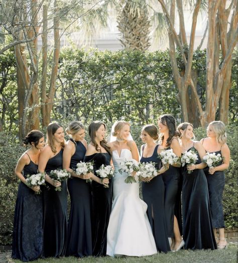 Black Velvet Bridesmaid Dresses Winter, Black Bridesmaids Dresses Mismatched, B&w Wedding, Black Bridesmaid Dress Mismatched, Black Bridesmaid Dress, Holly Wedding, Winter Bridesmaid Dresses, I Do Crew, Tan Wedding