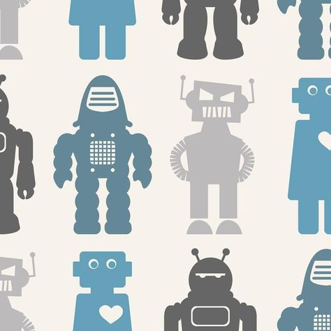 Paper Robot, Wallpaper In Blue, Robot Theme, Robot Sculpture, Cream Wallpaper, City Boy, Grey Wallpaper, Wall Covering, Perfect Wallpaper