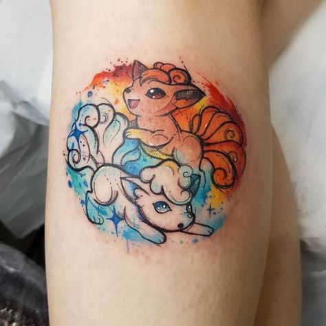 Watercolored fire and ice vulpix tattoo | www.otziapp.com Matching Pokemon Tattoos, Tattoos Pokemon, Ash E Pikachu, Pokemon Tattoos, Couple Tattoos Unique Meaningful, Nerdy Tattoos, Couple Tattoos Unique, Pokemon Tattoo, Cool Pokemon