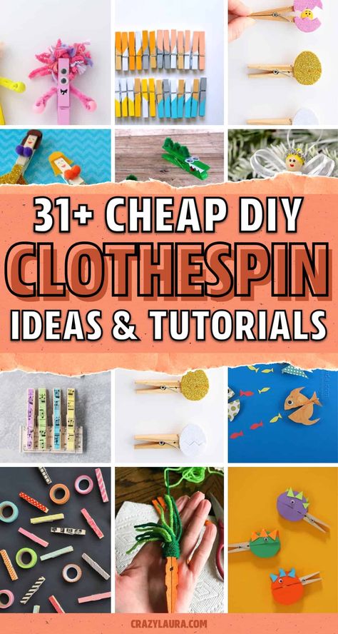 Looking for a fun and easy craft project without creating huge mess?! These DIY clothespin craft ideas and tutorials are the perfect project to try at home with the kids! #crafts #diycrafts #clothespincrafts #kidscrafts Clothes Pin Activities Kindergarten, Craft With Clothes Pins, Round Clothespin Crafts, Clothespin Spring Crafts, Mini Clothes Pin Crafts, Clothespin Wreath Diy, Clothes Pin Activities, Makerspace Projects, Clothespin Diy Crafts