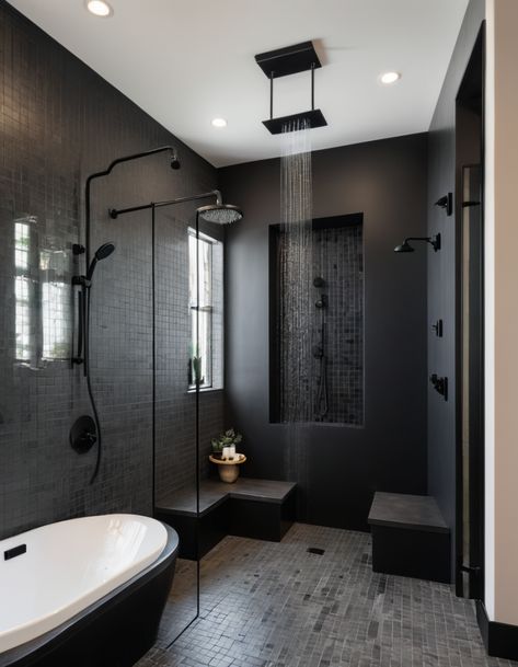 Step Into Luxury: 49 Unique Walk-In Shower Designs To Inspire You Walk In Shower And Free Standing Bath, Master Bath With Black Tile, Double Entry Shower Walk In, Shower Designs Walk In, Black Walk In Shower Ideas, Rustic Walk In Shower Ideas, Doorless Showers Walk In, Open Bathroom Concept, Walk In Tub