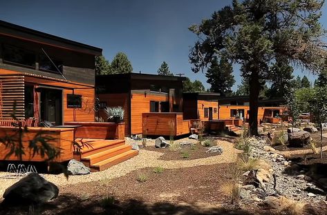 A modern tiny house community with homes and paths connecting them to the landscaping. Small House Communities, Tiny House Rentals, House Community, Lake Property, Tiny House Village, House Village, Home Design Magazines, Community Housing, Tiny House Community