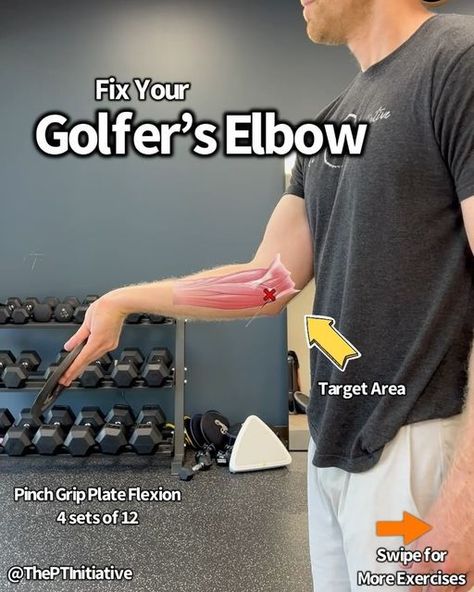 Dr. Adam McCluskey PT, DPT on Instagram: "💥Golfers Elbow Rehab! (Medial Elbow Pain)💥 Swipe Left! + Full Programs in Bio Link —- 👉🏽Medial epicondylitis (aka golfers elbow) usually presents with dull, aching pain at the inside of the elbow. —- 📝Your forearm flexor and pronator muscles all attach to a common point on the inside of the elbow. So typically activation of these muscle can be painful. —— 💎This pain usually develops when the demand placed through the forearm flexors/pronators muscles exceeds what they can handle. This leads to pain at the common flexor tendon. —- 🔑The key in the early phases of injuries like these is making modifications to limit strain through the forearm/elbow, soft tissue work for the acute pain, and light exercises to begin building up tolerance. —- 😉BT Golfers Elbow Exercises, Pt Exercises, Elbow Exercises, Wrist Exercises, Golfers Elbow, Forearm Workout, Elbow Pain, Light Exercise, Playing Golf