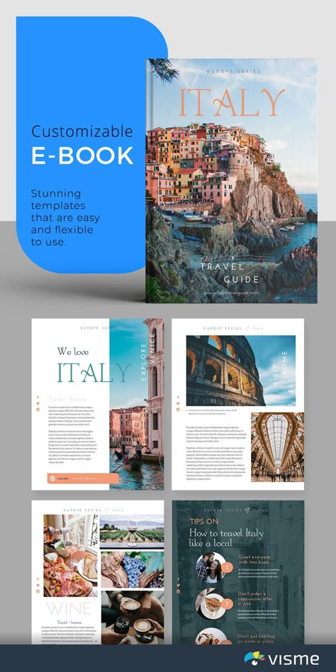 Travel Italy - Ebook Template. Artistic Ebook Design with Images and Creative Fonts This travel ebook template is perfect for travel blogs, agencies and companies looking to share travel and tourism information with their customers and followers. You can also customize this ebook for various purposes and topics, like destination weddings and food. #ebook #ebookemplate #ebookdesign #ebooklayout #blogging #optin #optinfreebie #printable #digitaldownload #digitalmarketing #emailmarketing #books Travel Agency Brochure Design, Travel Magazine Layout Design Creative, E-book Design, Travel Template Design, Travel Design Ideas, E Book Template, E Book Design, Travel Magazine Design, Travel Guide Book Design