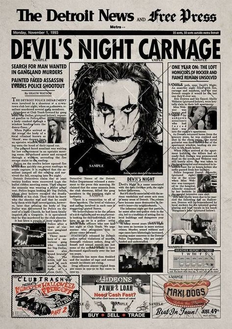 The Crow Eric Draven, Horror Newspaper, Missing Poster, Detroit Police Department, Eric Draven, Newspaper Cover, Brandon Lee, Newspaper Print, Sketch Tattoo Design