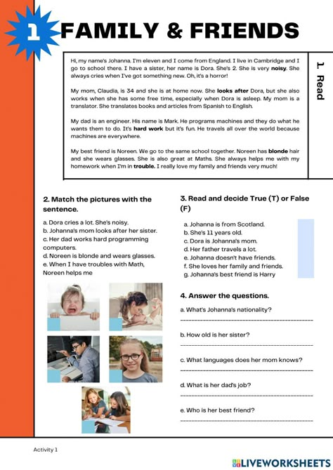 Family Reading Comprehension, Friends Worksheet, Communicative Language Teaching, Teach English To Kids, Esl Reading, Family Worksheet, Esl Teaching Resources, Reading Comprehension Lessons, English Teaching Materials