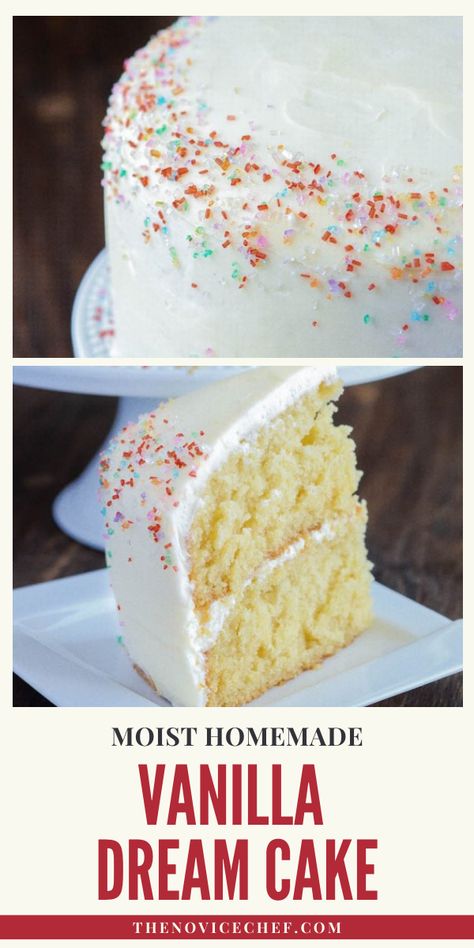 Vanilla Dream Cake recipe makes the best homemade vanilla cake ever! This fluffy cake has a crazy moist vanilla layer cake frosted with creamy vanilla buttercream icing and decorated with confetti colored sparkling sugar just around the edges. Try it! White Cake Batter Recipe, Super Moist Vanilla Cake, Ultimate Vanilla Cake Recipe, Moist Vanilla Cake Recipe, Easy Birthday Cake Ideas, Vanilla Cake Recipe Moist, Vanilla Birthday Cake Recipe, Super Moist Cake, Cake With Icing