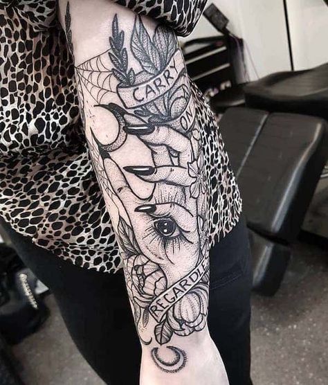 Witchy Half Sleeve Tattoos For Women, Black And Grey Witchy Tattoos, Dark Beauty Tattoos, Witchy Mandala Tattoo, Witchy Filler Tattoo Ideas, Witch Tattoo Forearm, Tarot Card Tattoo Forearm, Psychic Tattoos For Women, Spooky Witchy Tattoos