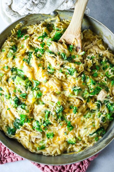 Chicken Orzo Broccoli Recipes, Orzo And Broccoli Recipe, Chicken Broccoli Orzo, Broccoli Orzo, Cheesy Chicken Broccoli, Orzo Recipes, Chicken Orzo, One Skillet, Pan Recipes