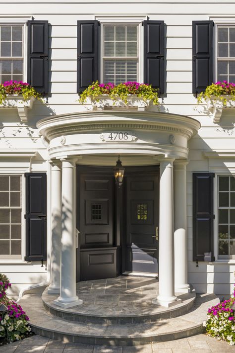 White Oaks Georgian | Murphy & Co Design Colonial House Front Porch, Georgian Colonial House, Edina Minnesota, Georgian Colonial, Arch Door, Clapboard Siding, House Front Porch, Brick Chimney, Colonial Exterior