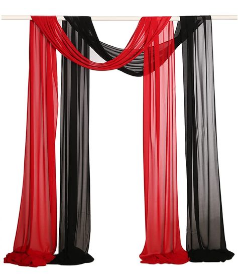 PRICES MAY VARY. Extra Long：Each order Includes 2 panels. Each panel is approx. 27 inches wide by 360 inches long. Long enough for any size of arch to create eye catching party decorations. Material: 100% semi-sheer chiffon. Semi-sheer backdrop drapes are airy and light-weighted. Nice Stitching：All edges are finished with nice stitching. They are Red & Black color. Best choice for Red & Black theme party. Multi-use：Semi-sheer draping fabric is versatile to any theme of ceremony party. Perfect fo Red Carpet Event Decorations, Red Carpet Party Backdrop, Debut Decorations, Red Party Themes, Drapes For Wedding, Sheer Backdrop, Wedding Party Reception, Red Party Decorations, Black Party Decorations