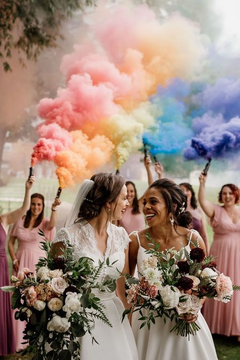 Smoke bomb portrait at Lesbian wedding with two brides holding oversized white and burgundy bouquets Lesbian Boho Wedding, Wedding Photos Lesbian, Lesbian Wedding Ideas Decor, Wedding Lesbian Ideas, Hippy Wedding, Lesbian Wedding Photography, Wlw Wedding, Queer Weddings, Lgbt Wedding